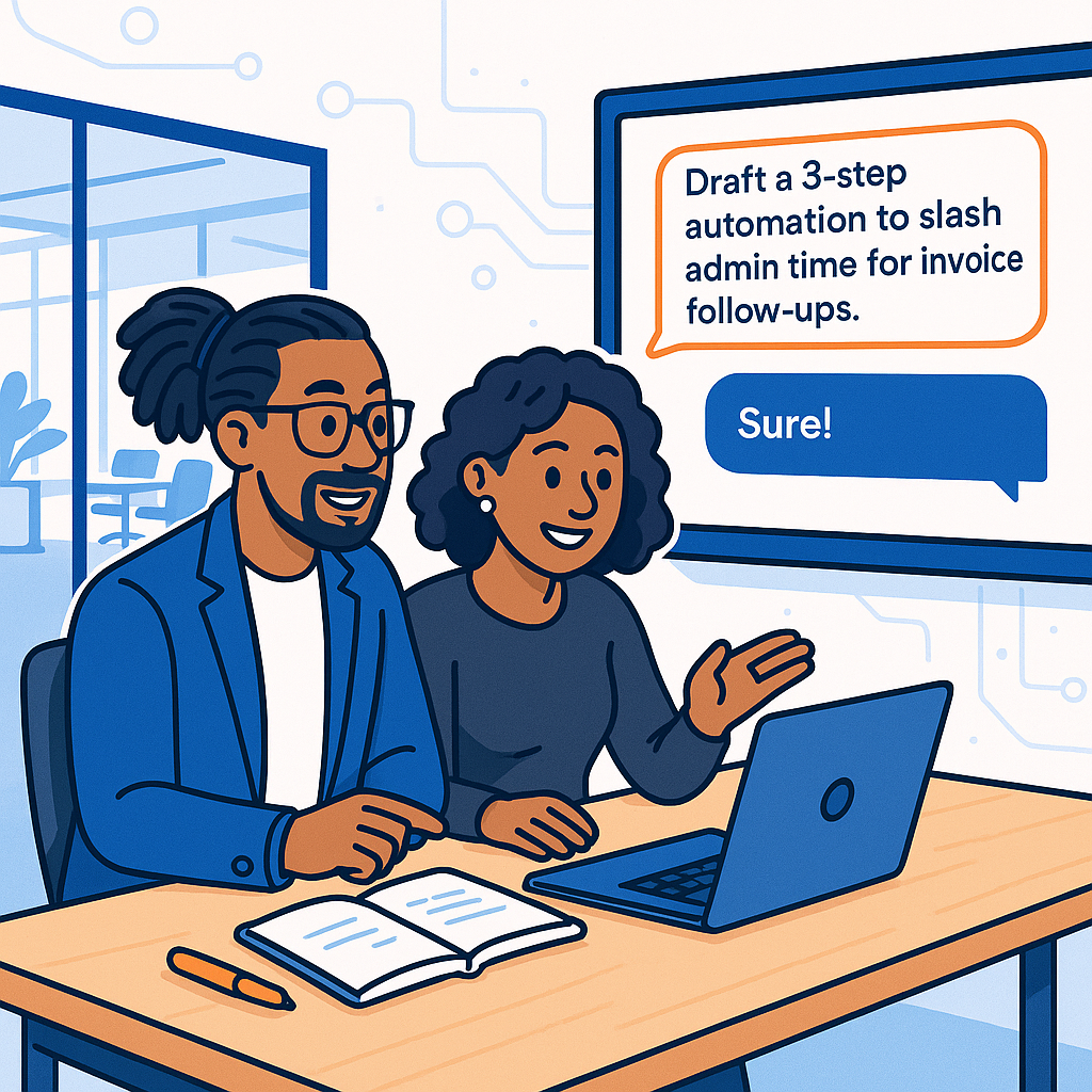 Illustration of an LYH AI consultant and a female entrepreneur collaborating at a laptop, building a custom automation to reduce administrative time for their business.