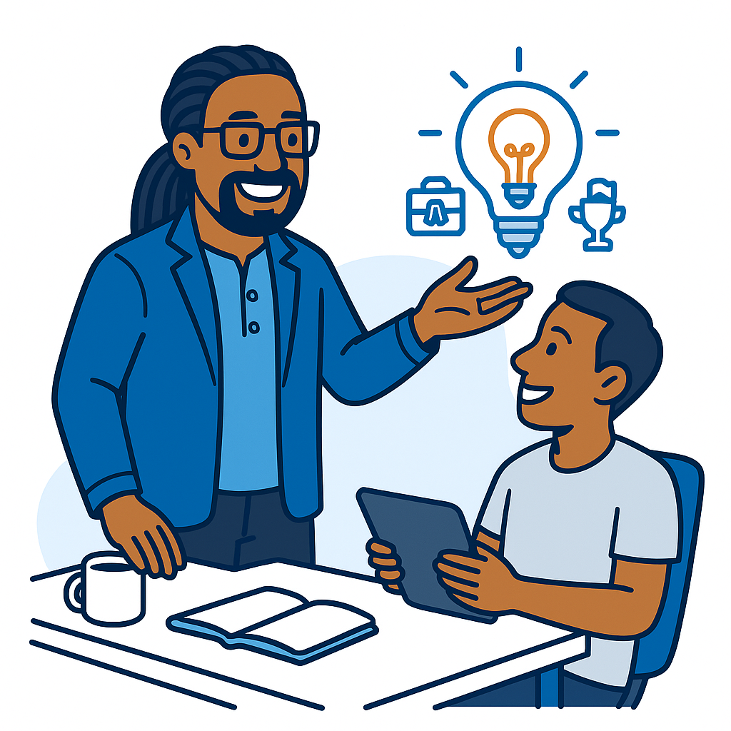 Illustration of an AI business coach mentoring a young solopreneur at a desk, explaining how AI can help achieve success, with idea lightbulbs showing business, strategy, and a trophy.