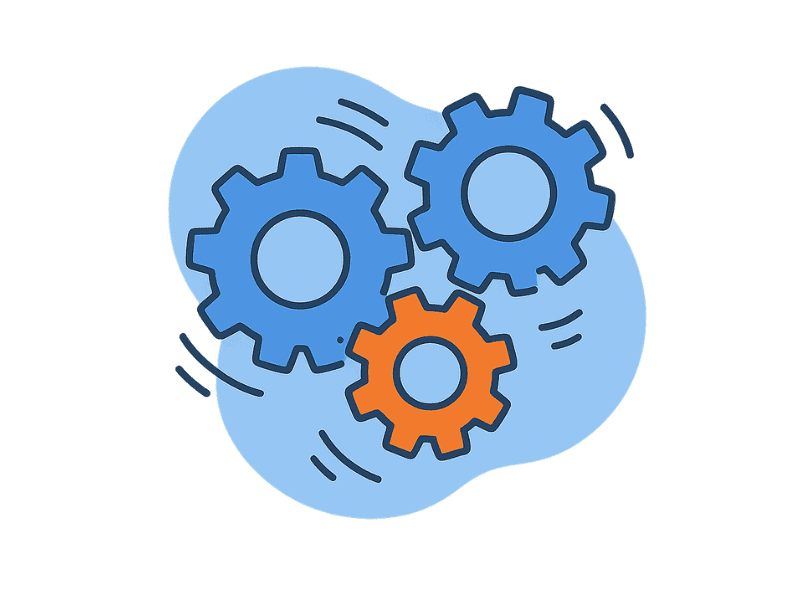 Spot illustration showing a series of gears turning smoothly and quickly, representing the increased efficiency from the 'Boost Productivity' pathway.