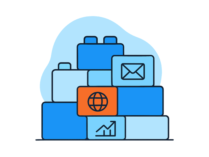 Spot illustration of a solid wall of interlocking building blocks with tool icons on them, representing a well-built and cohesive tech stack.