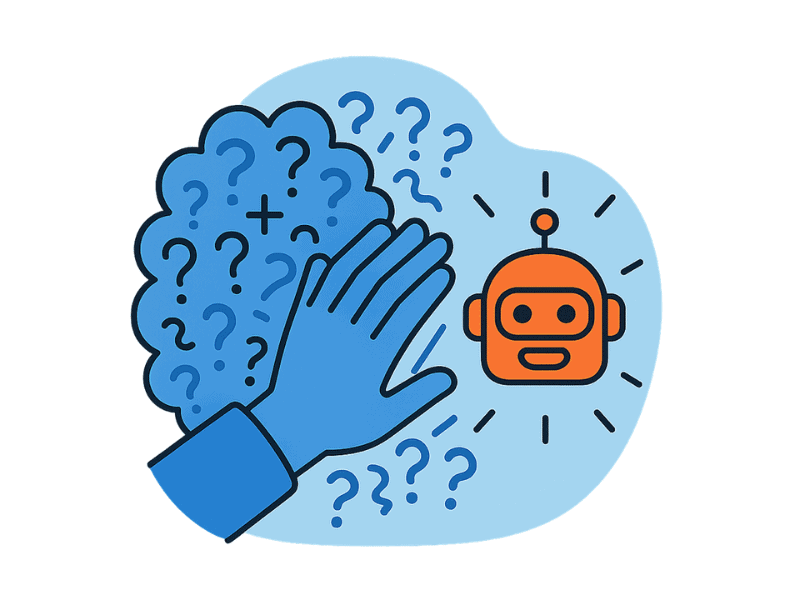 Spot illustration showing a user clearing away a fog of question marks to reveal a clear, simple AI robot icon, symbolizing the demystification of AI.