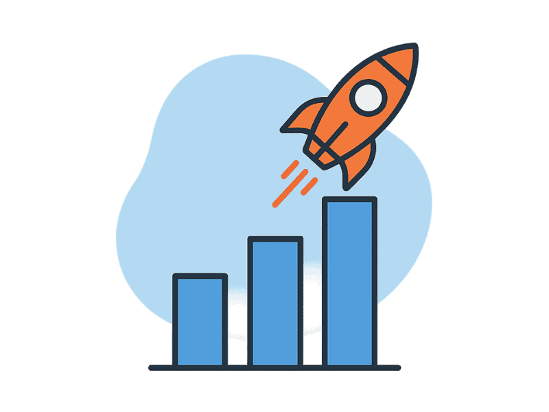 Spot illustration of a rocket launching from the top of an upward-trending bar chart, symbolizing accelerated revenue growth with AI.